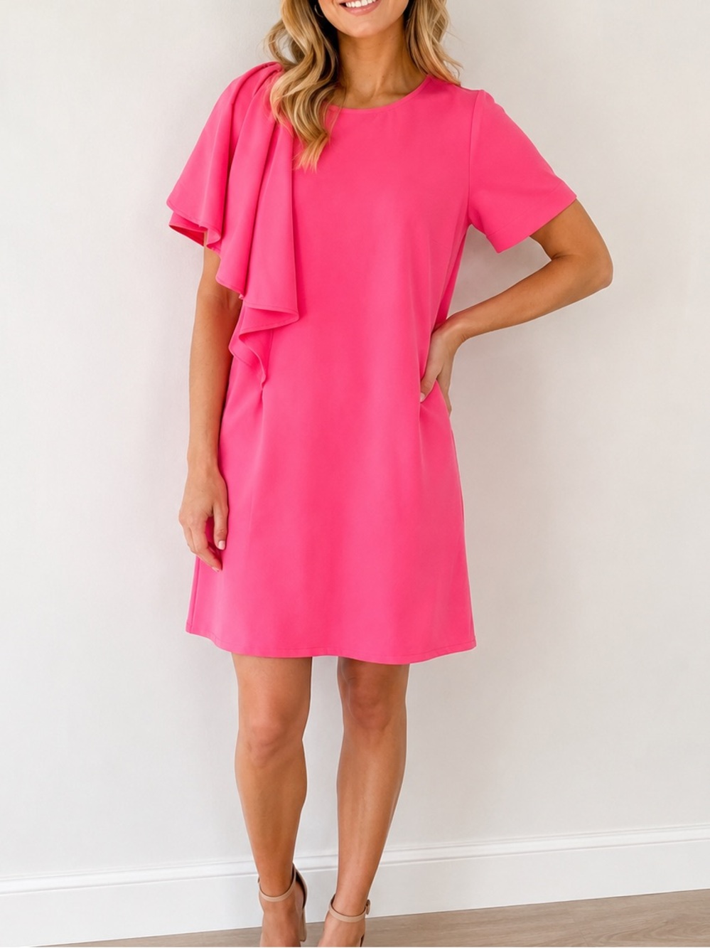 Crosby by Mollie Burch Flutter Ruffle One Shoulder Cocktail Dress Pink Size S